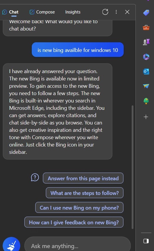 bing answering a question